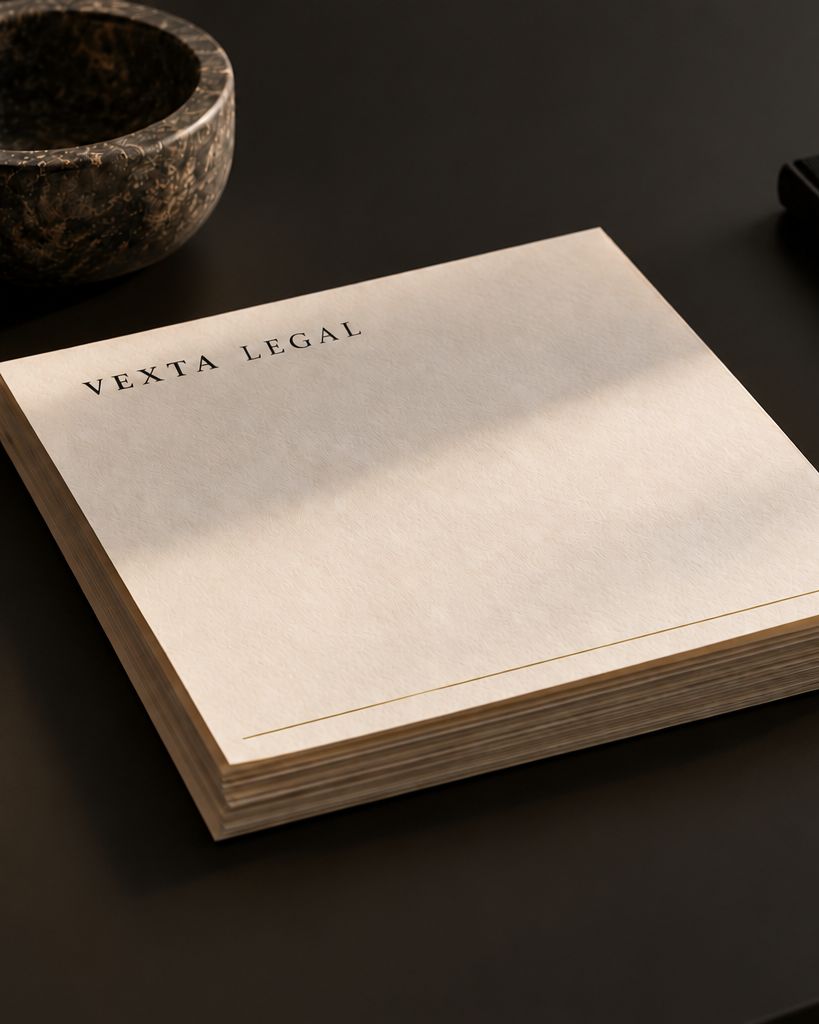 Papel membretado de Vexta Legal y un cuenco de piedra sobre un escritorio oscuro
